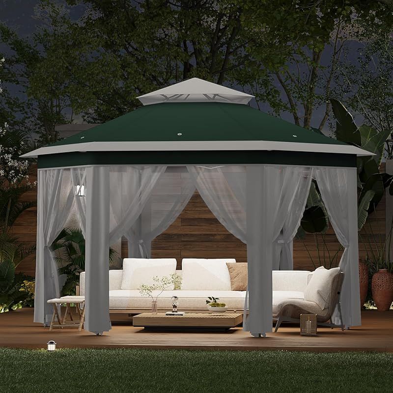 Spacious 13X13 FT Hexagonal Pop-Up Gazebo, Sturdy Steel Structure with Mesh Netting for Outdoor Patios, Backyards, And Decks