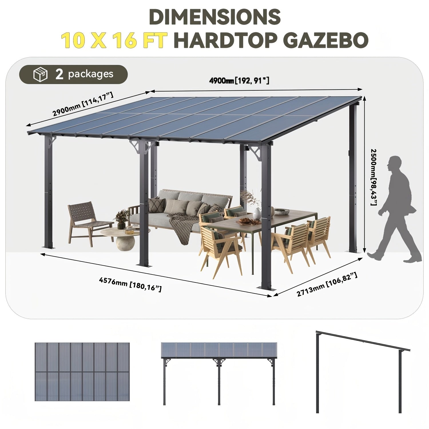 16' X 10' Gazebo - Hard Top Lean-To Wall Mounted Aluminum Alloy Awning with Canopy Roof, Outdoor All-Weather Cover for Patio, Backyard, Deck, Shade And Rain Protection