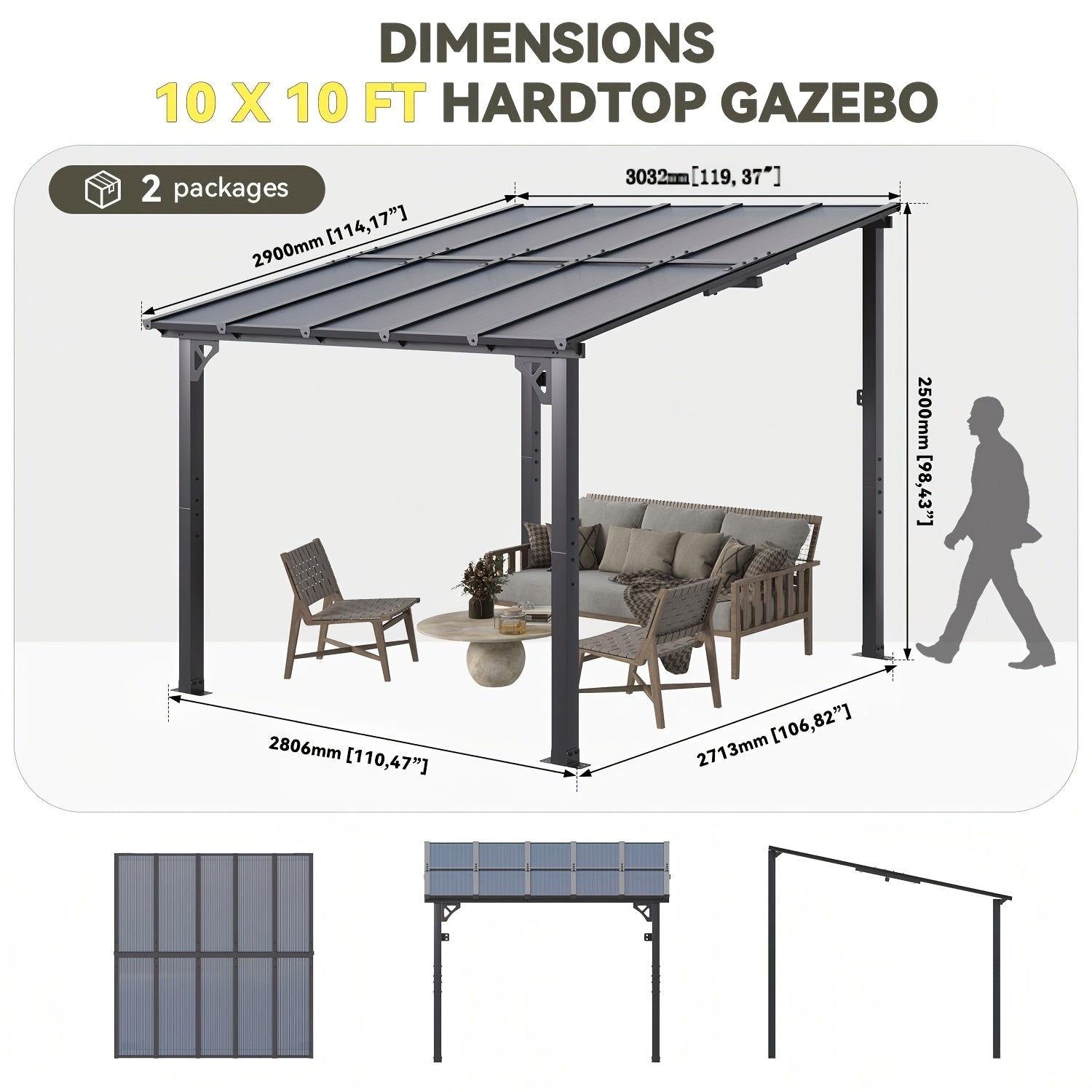 16' X 10' Gazebo - Hard Top Lean-To Wall Mounted Aluminum Alloy Awning with Canopy Roof, Outdoor All-Weather Cover for Patio, Backyard, Deck, Shade And Rain Protection