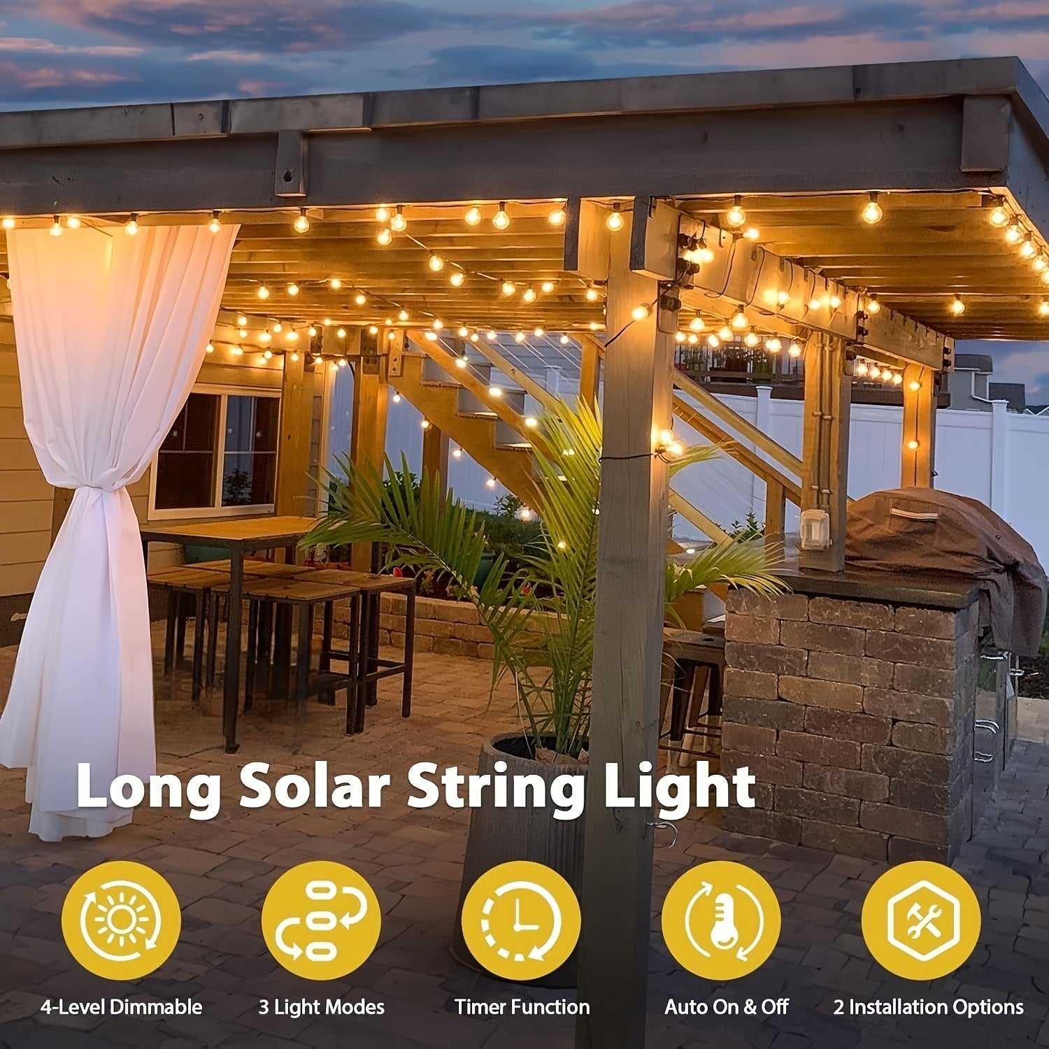 Solar Powered 50ft\u002F115ft\u002F240ft Solar String Lights - Dimmable ST38 LED, Shatterproof Bulbs - Patio Hanging Lights for Backyard, Garden, Party, Halloween, Christmas Decoration