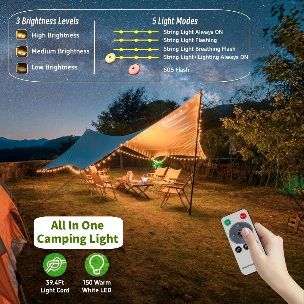 Solar Camping String Lights 39.4ft Fairy String Lights 150 LED Portable Camping Lamp with 8 Lighting Modes Hanging USB Rechargeable Tent Lantern for Awning Garden Party Decor Remote Control