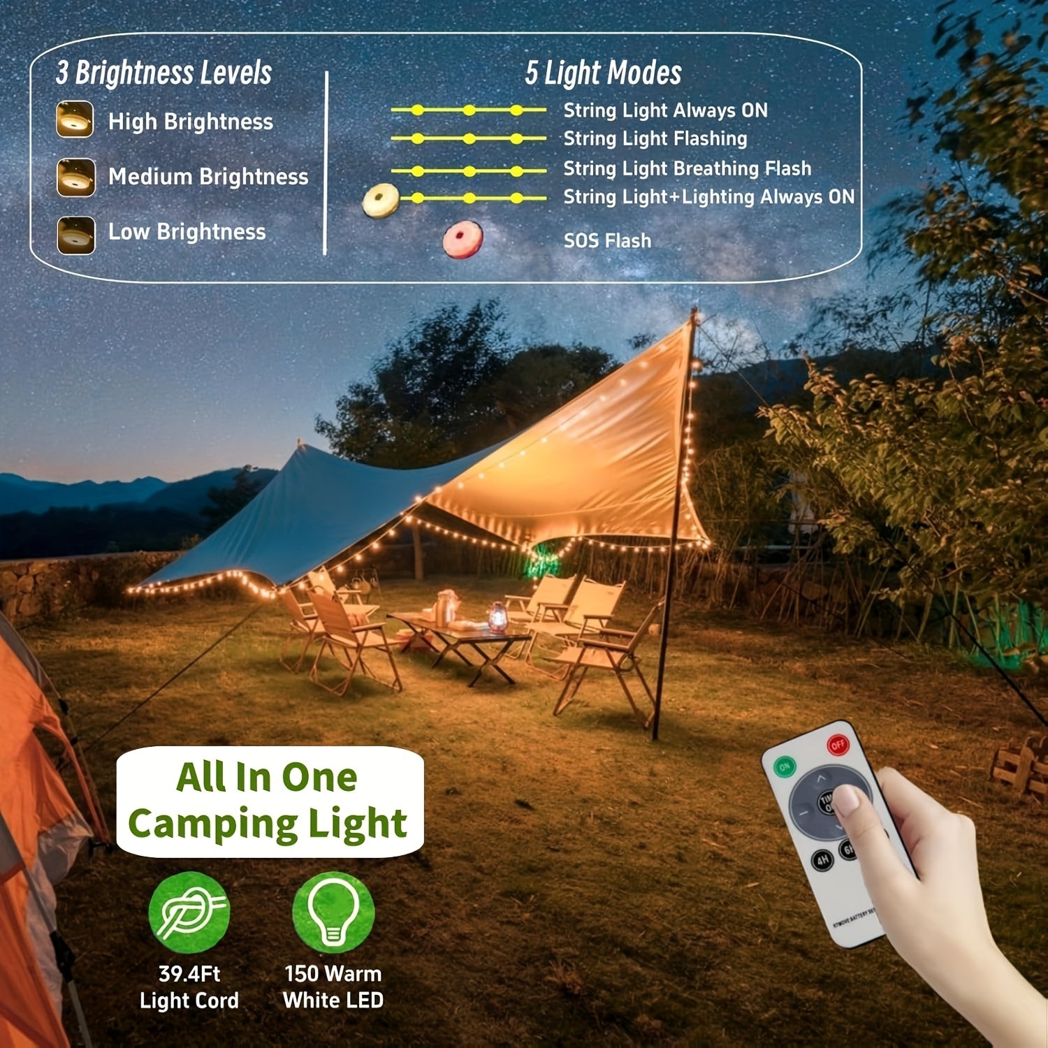 Solar Camping String Lights 39.4ft Fairy String Lights 150 LED Portable Camping Lamp with 8 Lighting Modes Hanging USB Rechargeable Tent Lantern for Awning Garden Party Decor Remote Control