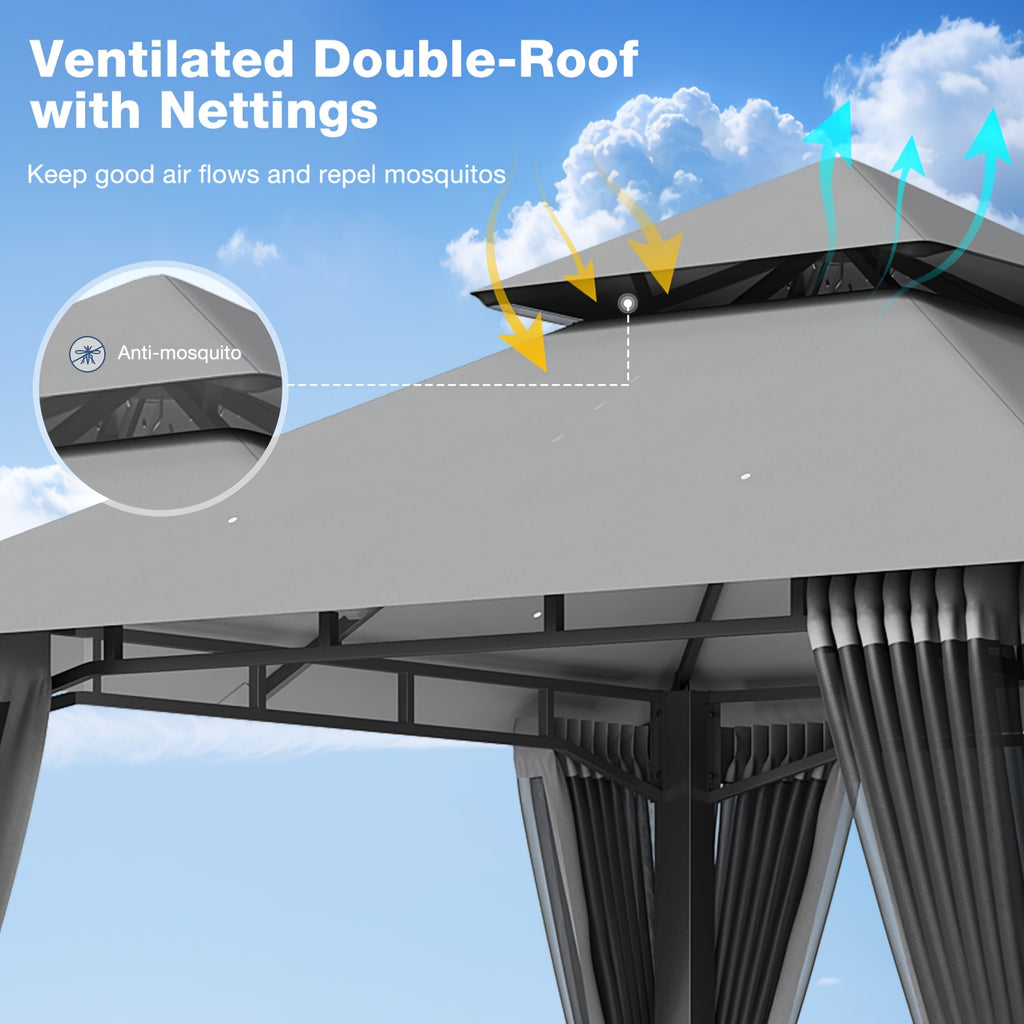 8x8\u002F10x10\u002F12x10ft Patio Gazebo Outdoor Gazebo with Double Roof Metal Frame Canopy Carpas Para Patio Heavy Duty Shelter with Mosquito Net Screen for Backyard Lawn Garden Deck(Grey\u002FBeige\u002FBlue)
