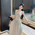 Women's Elegant Polka Dot V-Neck Halter Neck Dress - Backless Ruffled Hem, Fitted Top & Flowy Skirt, Lightweight Polyester, Machine Washable, All-Season Vacation & Formal Wear