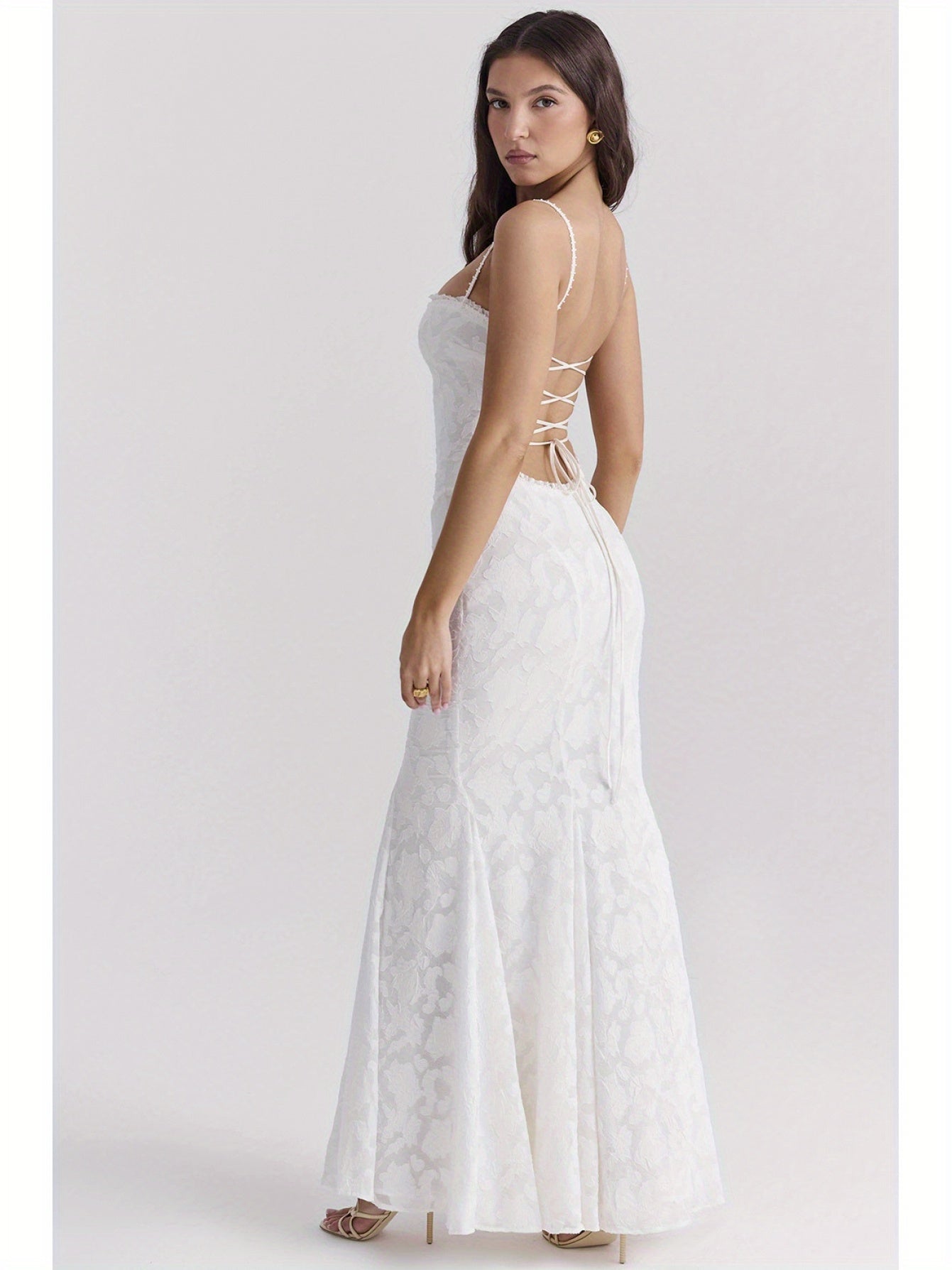 Sexy Strapless Slim Fit Lace Embossed Jacquard Fish Tail Long Dress - Y2K Style, Sleeveless V-Neck, Bodycon Silhouette, Solid Color, Perfect for Adult Women, Summer Fashion, Elegant Evening Wear | Y2K Fashion | Lace Detailing, Lace Dress