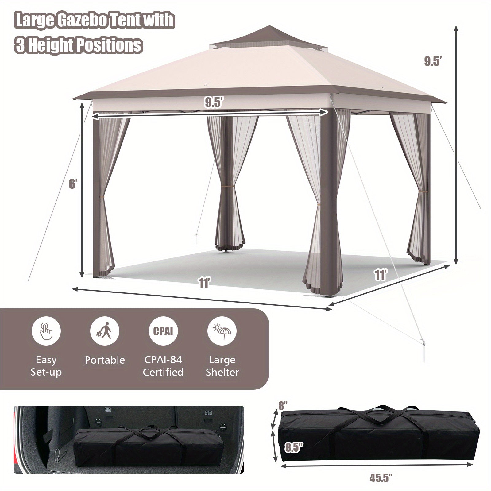 Lifezeal 11'x11' 2-Tier Pop-Up Gazebo Tent Portable Canopy Shelter Carry Bag Mesh Beige