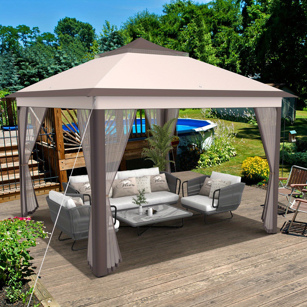 Lifezeal 11'x11' 2-Tier Pop-Up Gazebo Tent Portable Canopy Shelter Carry Bag Mesh Beige