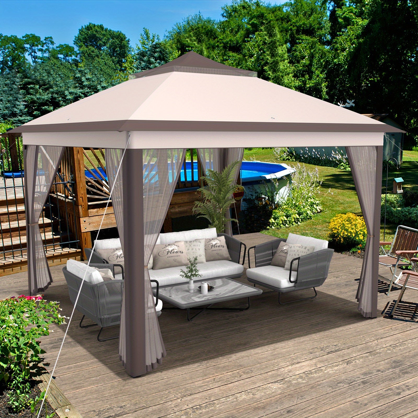 Lifezeal 11'x11' 2-Tier Pop-Up Gazebo Tent Portable Canopy Shelter Carry Bag Mesh Beige