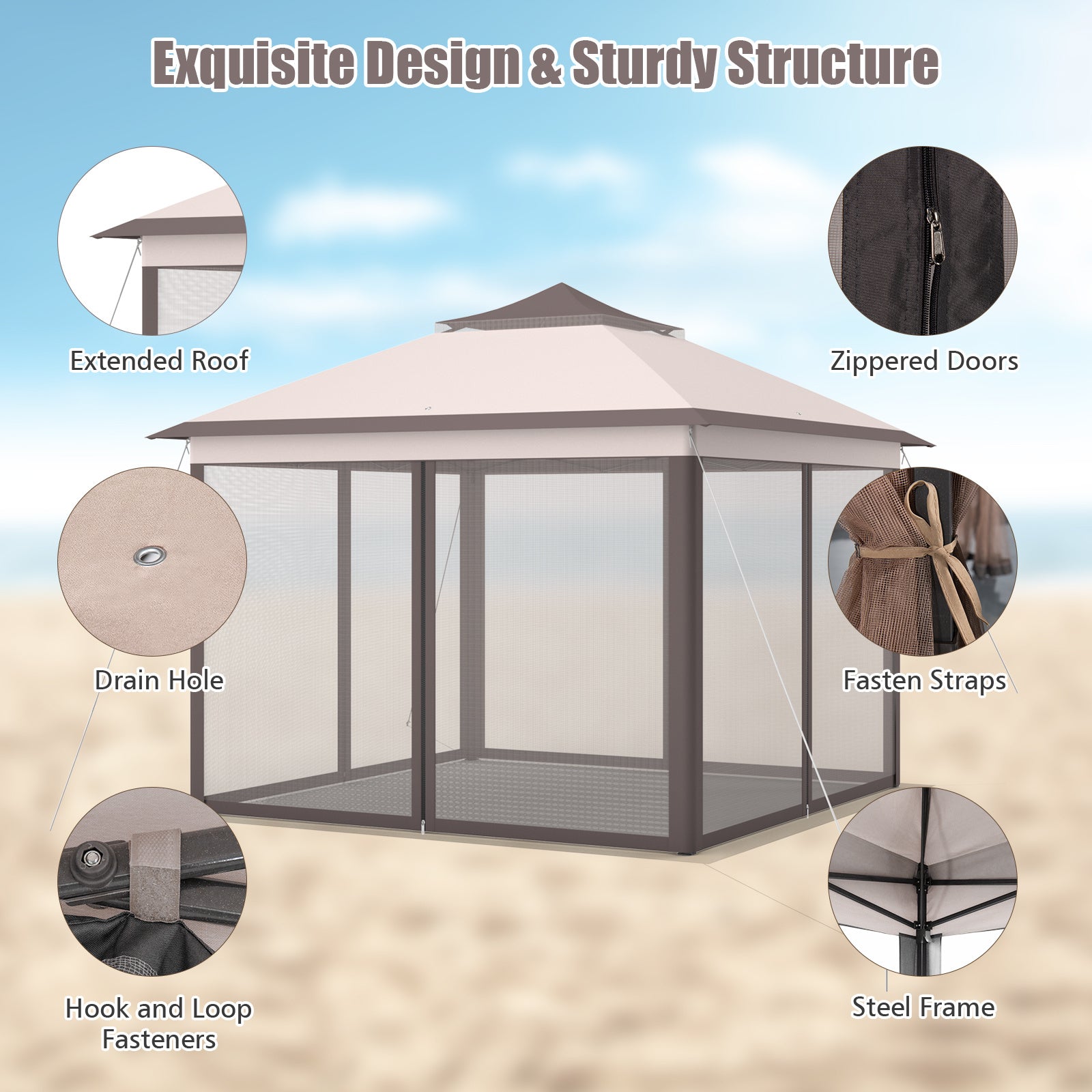 Lifezeal 11'x11' 2-Tier Pop-Up Gazebo Tent Portable Canopy Shelter Carry Bag Mesh Beige
