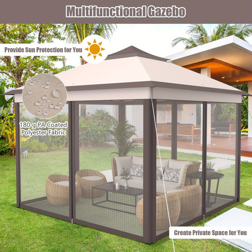 Lifezeal 11'x11' 2-Tier Pop-Up Gazebo Tent Portable Canopy Shelter Carry Bag Mesh Beige