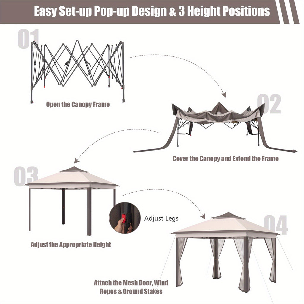 Lifezeal 11'x11' 2-Tier Pop-Up Gazebo Tent Portable Canopy Shelter Carry Bag Mesh Beige