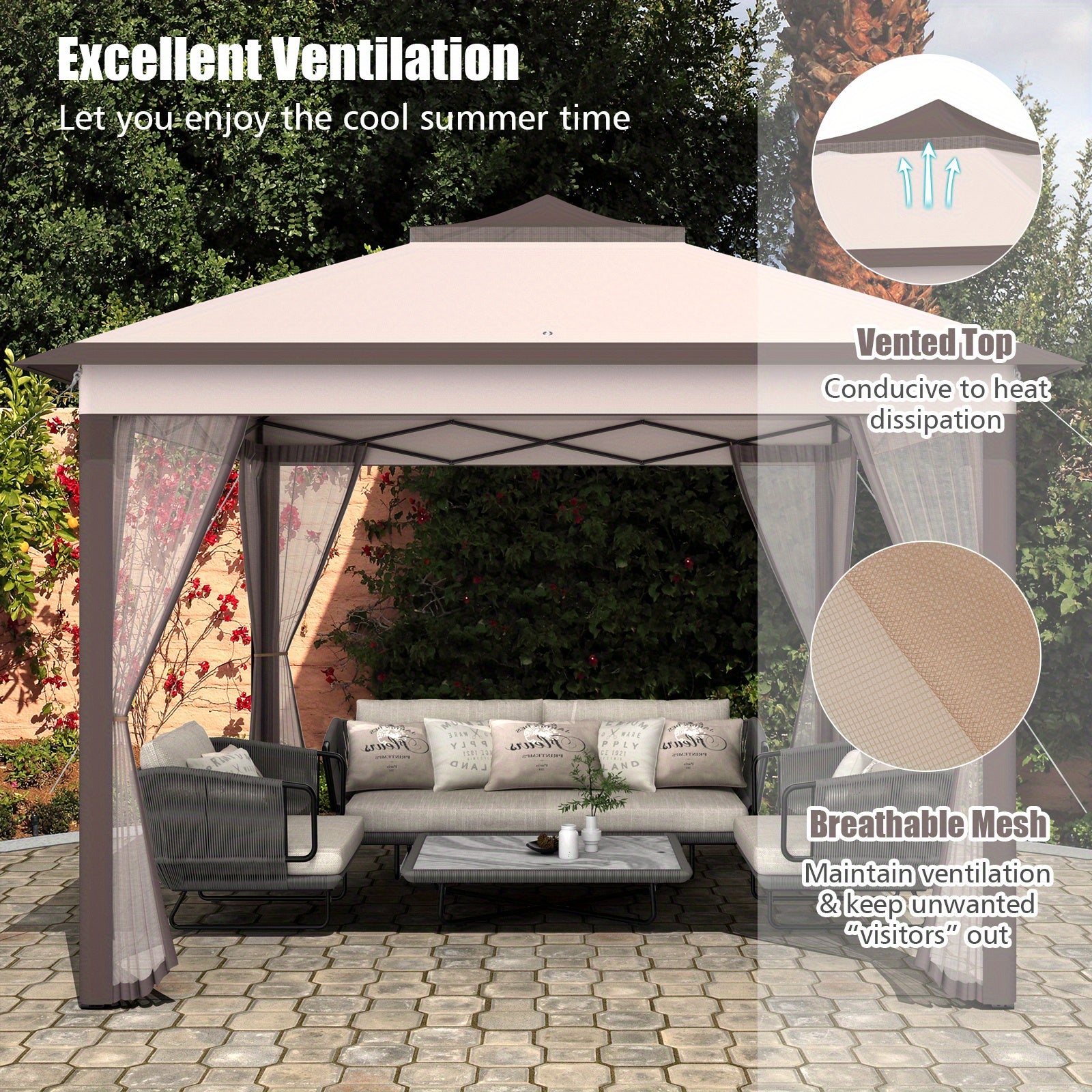 Lifezeal 11'x11' 2-Tier Pop-Up Gazebo Tent Portable Canopy Shelter Carry Bag Mesh Beige