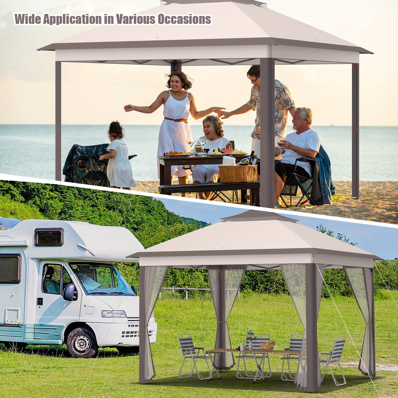 Lifezeal 11'x11' 2-Tier Pop-Up Gazebo Tent Portable Canopy Shelter Carry Bag Mesh Beige