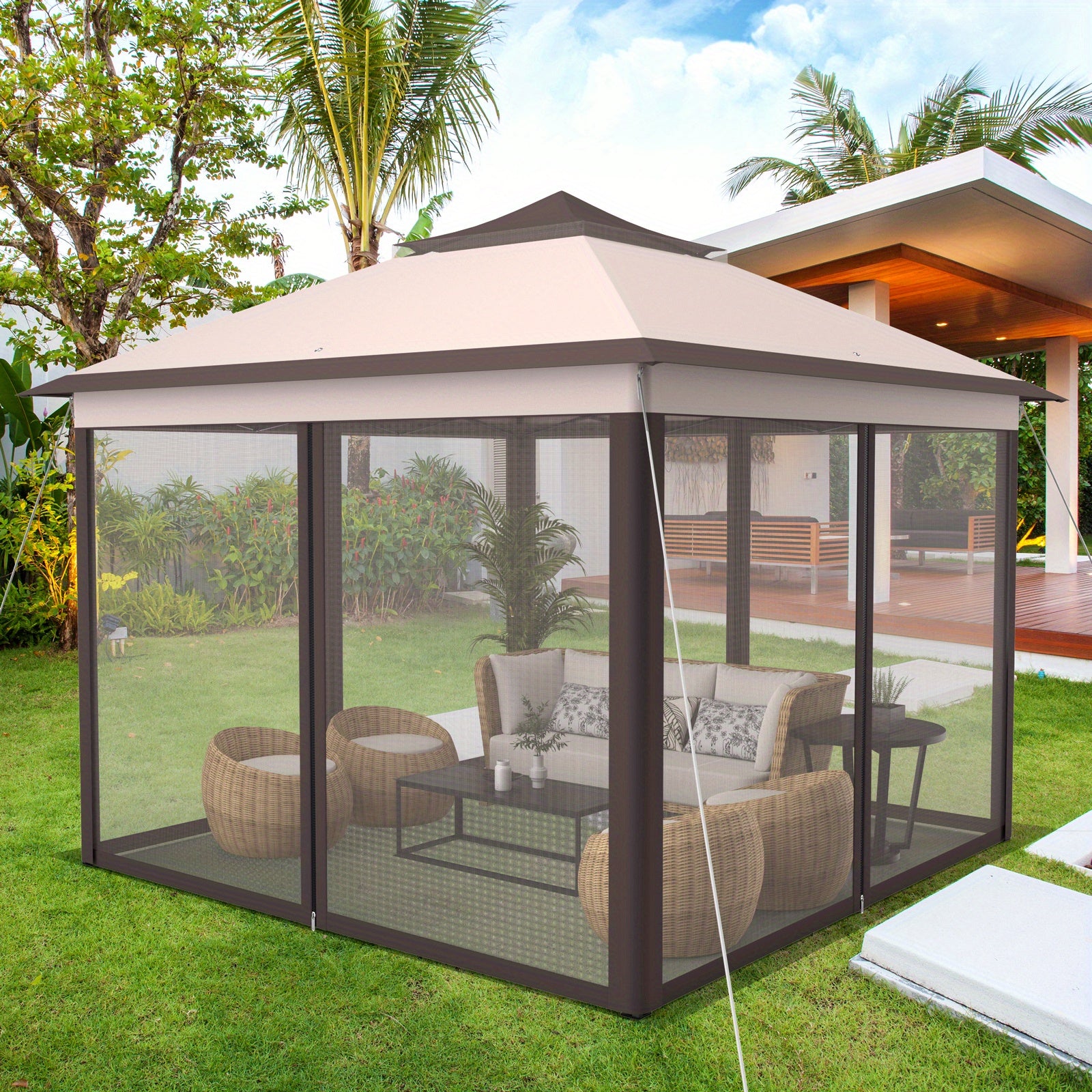 Lifezeal 11'x11' 2-Tier Pop-Up Gazebo Tent Portable Canopy Shelter Carry Bag Mesh Beige