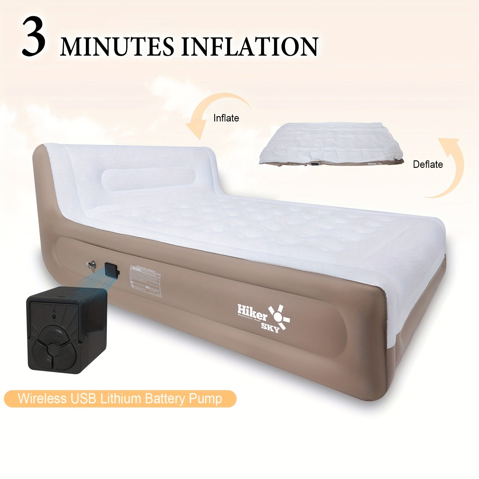 Deluxe Plush Queen Air Mattress With Headboard, Built-in Rechargeable Pump, 18 Inch Inflatable Mattress For Family Guest Travel Camping, Fabric And Dutch Velvet Blow Up Air Bed, 18'' Queen Khaki
