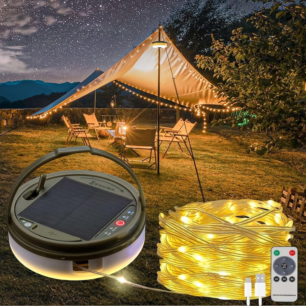 Solar Camping String Lights 39.4ft Fairy String Lights 150 LED Portable Camping Lamp with 8 Lighting Modes Hanging USB Rechargeable Tent Lantern for Awning Garden Party Decor Remote Control