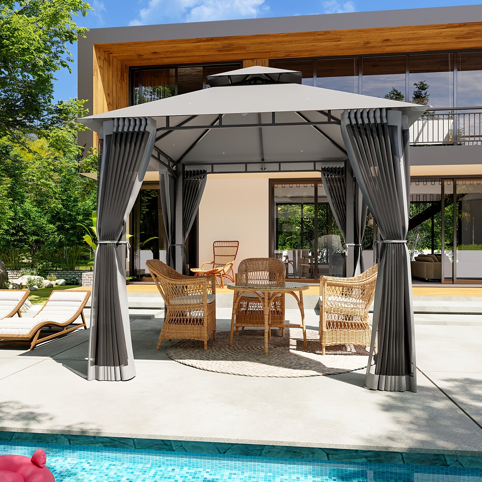 8x8\u002F10x10\u002F12x10ft Patio Gazebo Outdoor Gazebo with Double Roof Metal Frame Canopy Carpas Para Patio Heavy Duty Shelter with Mosquito Net Screen for Backyard Lawn Garden Deck(Grey\u002FBeige\u002FBlue)