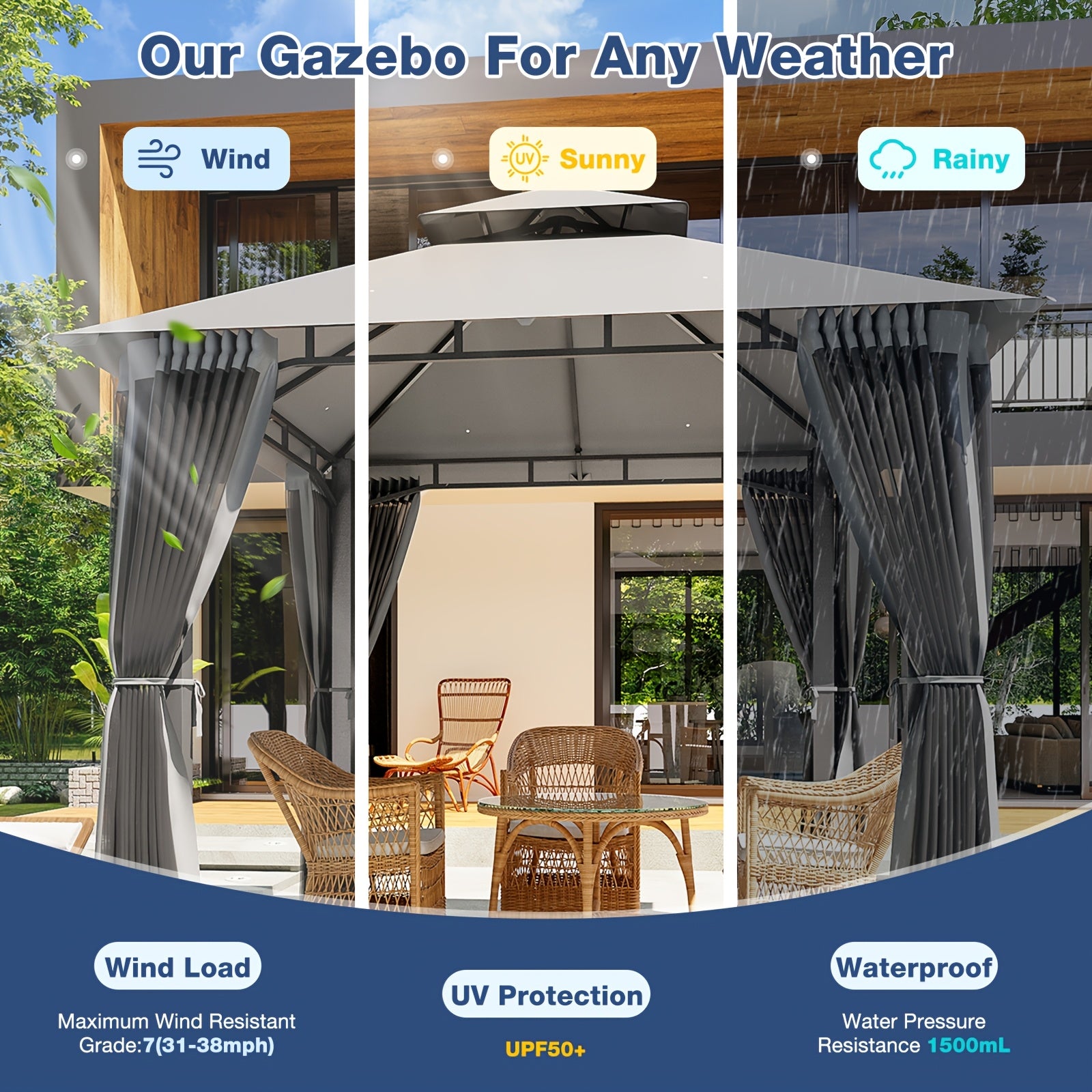 8x8\u002F10x10\u002F12x10ft Patio Gazebo Outdoor Gazebo with Double Roof Metal Frame Canopy Carpas Para Patio Heavy Duty Shelter with Mosquito Net Screen for Backyard Lawn Garden Deck(Grey\u002FBeige\u002FBlue)