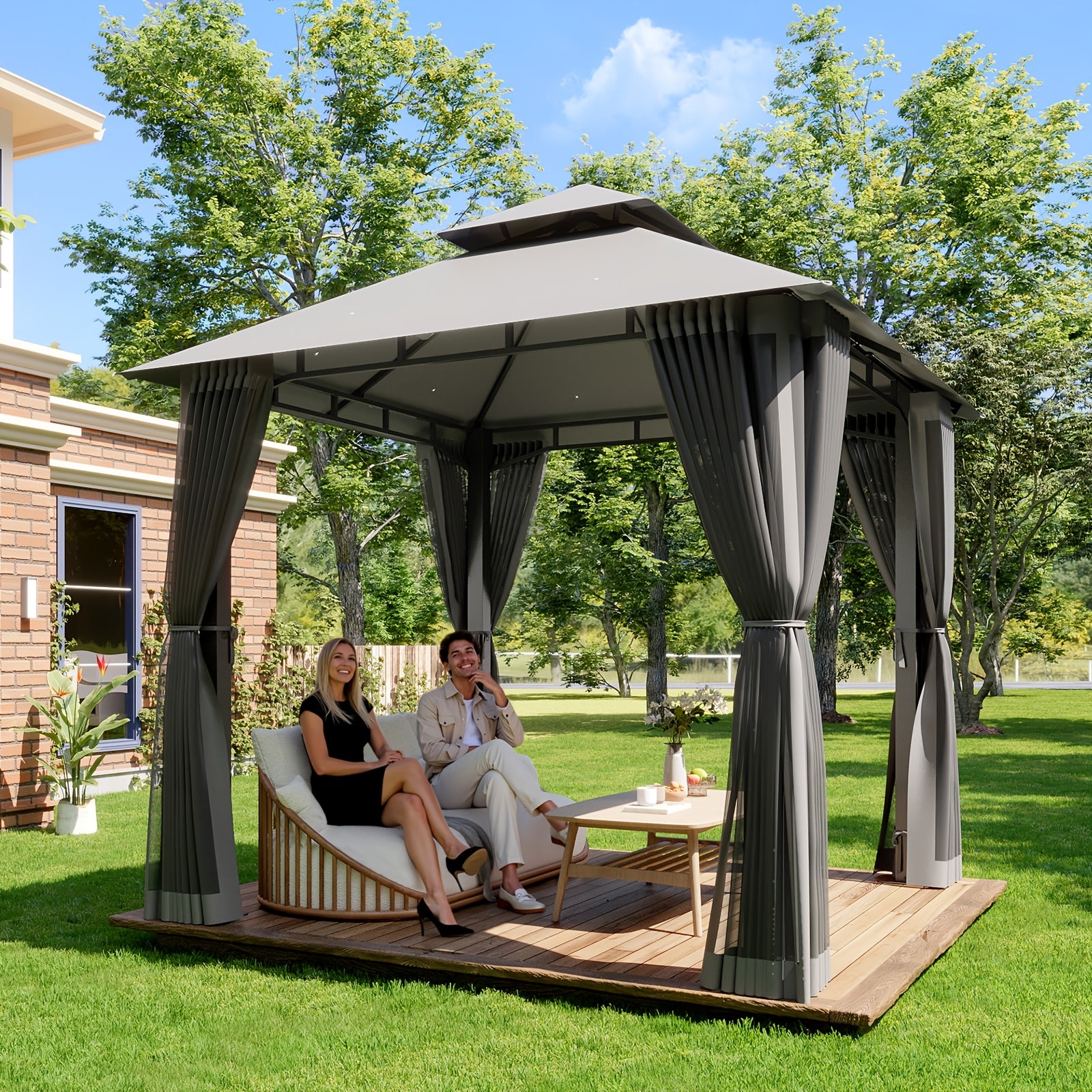 8x8\u002F10x10\u002F12x10ft Patio Gazebo Outdoor Gazebo with Double Roof Metal Frame Canopy Carpas Para Patio Heavy Duty Shelter with Mosquito Net Screen for Backyard Lawn Garden Deck(Grey\u002FBeige\u002FBlue)