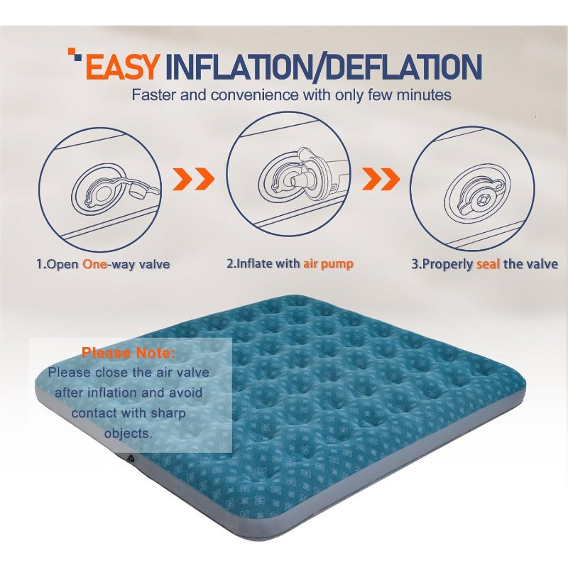 King Size Air Mattress Inflatable Bed with Flocking Surface - Heavy-Duty 250 lbs Capacity, Portable Sleeping Pad for Camping, Guest Bed, Home Use - Quick-Inflate Design, No Batteries\u002FElectricity, Durable & Comfortable, Blue & Patterned Flocking