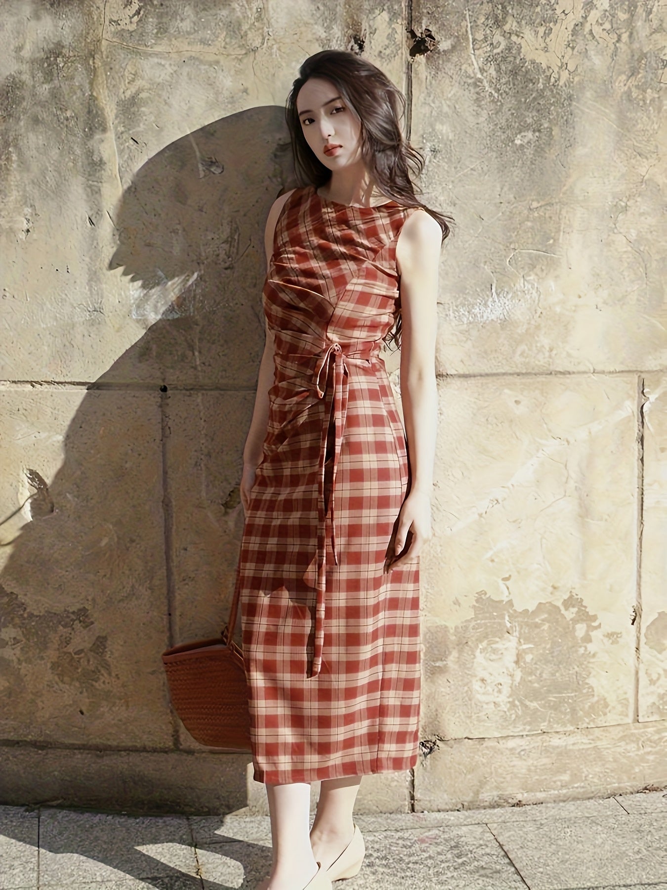 Vintage Red Plaid Dress for Women - Sleeveless A-Line Mini with Tie-Waist, First Love Sweetness for Spring\u002FSummer\u002FFall, Elegant Gathered Waist & Fluttering Arms, Perfect for Casual or Chic Outfits, Cute Dress