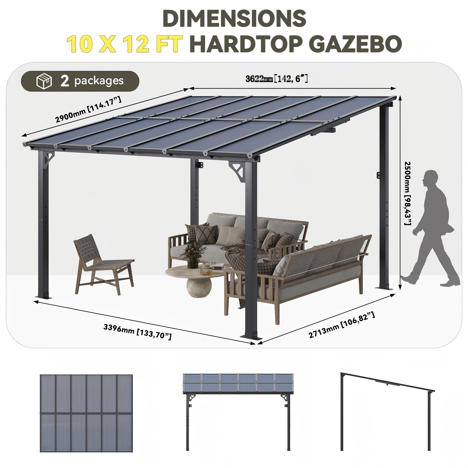 16' X 10' Gazebo - Hard Top Lean-To Wall Mounted Aluminum Alloy Awning with Canopy Roof, Outdoor All-Weather Cover for Patio, Backyard, Deck, Shade And Rain Protection
