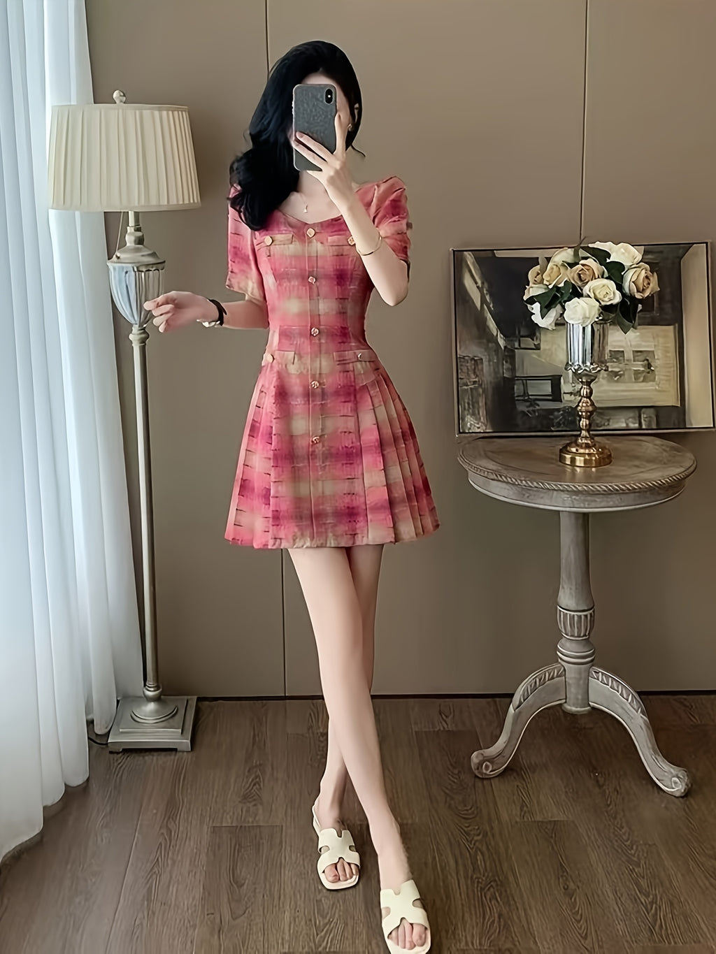 Elegant French-Inspired A-Line Dress for Women - Chic Sweetheart Collar, Geometric Pattern, Square Neck, Knee-Length, Perfect for Spring\u002FSummer\u002FFall, Ideal for Petite Figures, A-Line Silhouette | Frenchinspired Design | Fabric