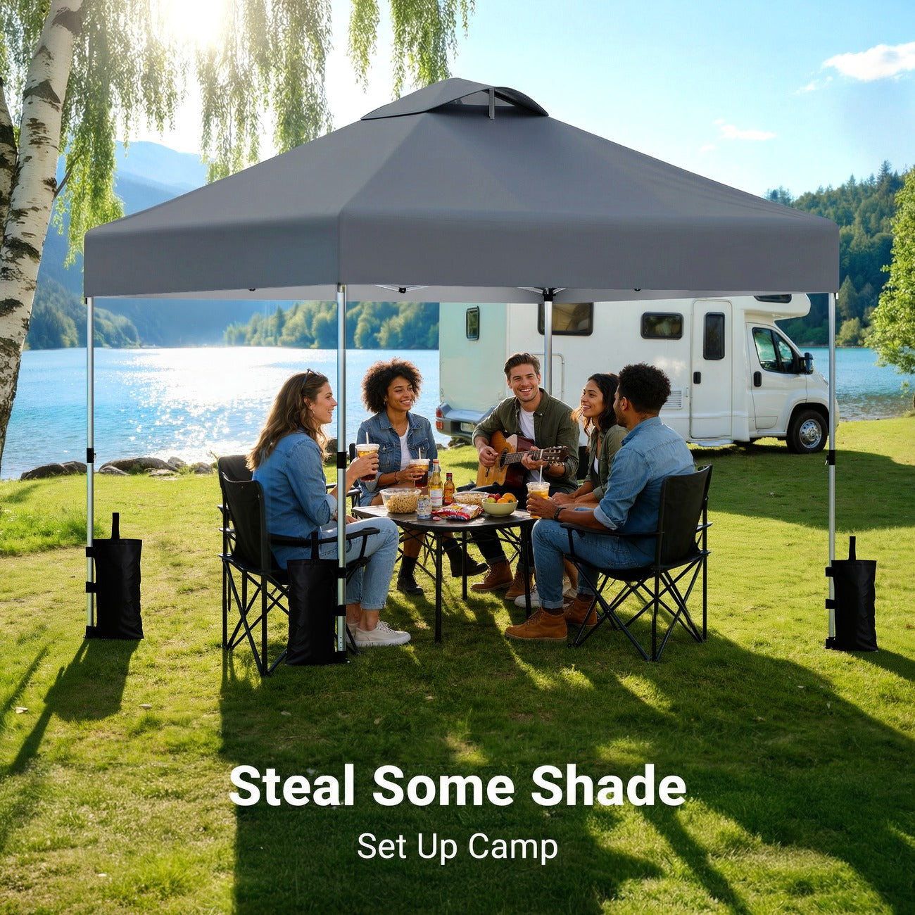 10x10ft Pop Up Canopy, Center Lock One Push Instant Setup Gazebo Outdoor Canopy Beach Tent with Bag 8 Stakes & 4 Sand Bags, 3-Height Adjustable Shade Shelter