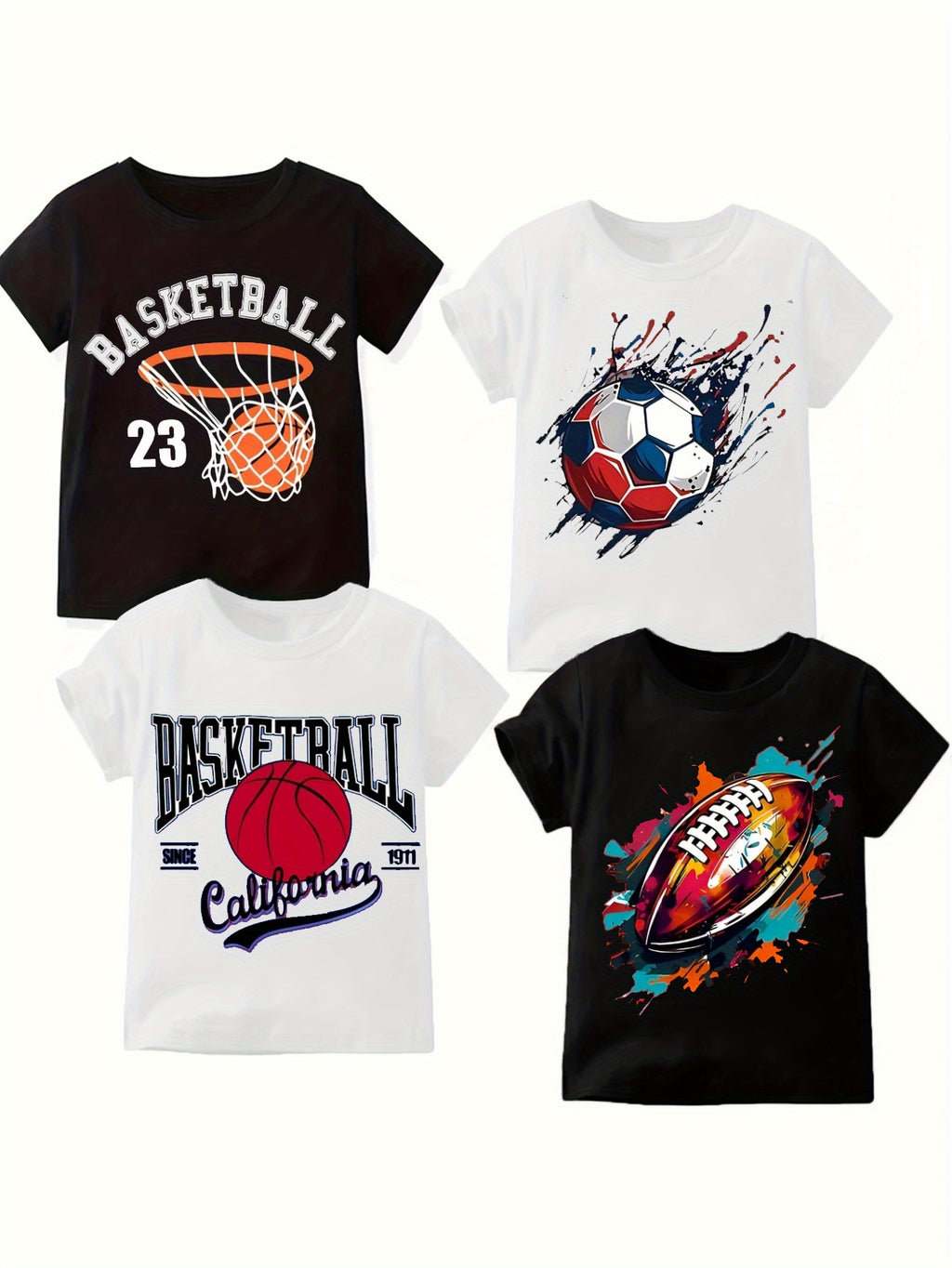 4pcs, T-shirt Suitable for Boys And Teenagersa Short-sleeved Round-neck Pullovers Summer Topwith Prints Of Football, Basketball And Rugby