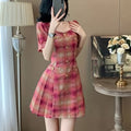 Elegant French-Inspired A-Line Dress for Women - Chic Sweetheart Collar, Geometric Pattern, Square Neck, Knee-Length, Perfect for Spring\u002FSummer\u002FFall, Ideal for Petite Figures, A-Line Silhouette | Frenchinspired Design | Fabric