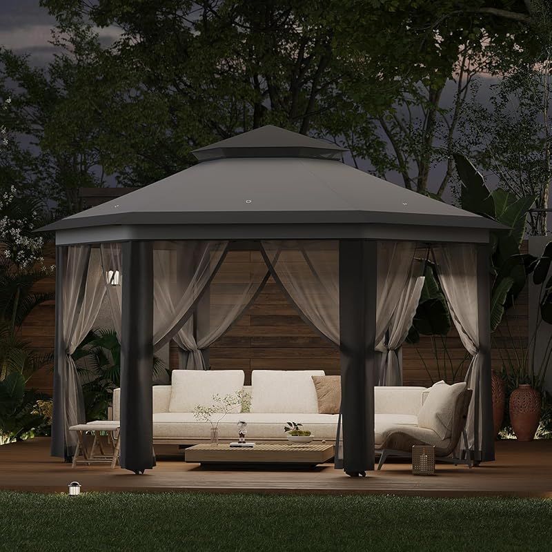 Spacious 13X13 FT Hexagonal Pop-Up Gazebo, Sturdy Steel Structure with Mesh Netting for Outdoor Patios, Backyards, And Decks