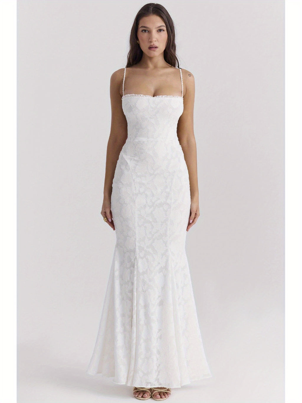 Sexy Strapless Slim Fit Lace Embossed Jacquard Fish Tail Long Dress - Y2K Style, Sleeveless V-Neck, Bodycon Silhouette, Solid Color, Perfect for Adult Women, Summer Fashion, Elegant Evening Wear | Y2K Fashion | Lace Detailing, Lace Dress