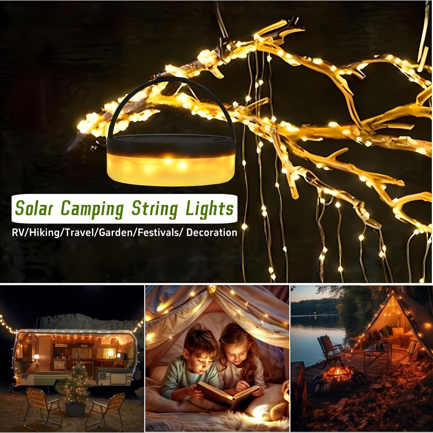 Solar Camping String Lights 39.4ft Fairy String Lights 150 LED Portable Camping Lamp with 8 Lighting Modes Hanging USB Rechargeable Tent Lantern for Awning Garden Party Decor Remote Control
