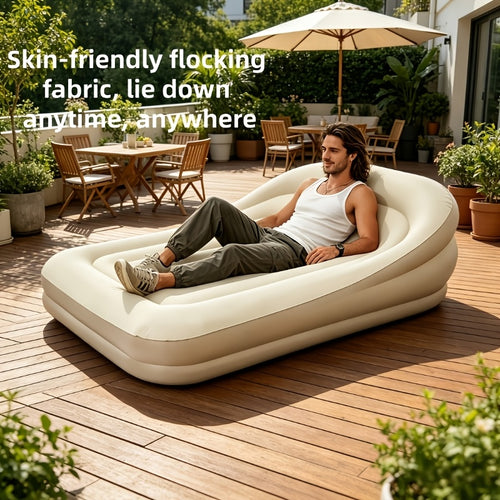 2-In-1 Inflatable Sofa Bed with Backrest, Portable Beige Air Mattress. Suitable for Garden, Balcony, Tent, Music Festival, Beach And Camping. Puncture-Resistant Heavy-Duty Inflatable Travel Bed, Ideal Outdoor Leisure Lounge Bed for Sunny Days