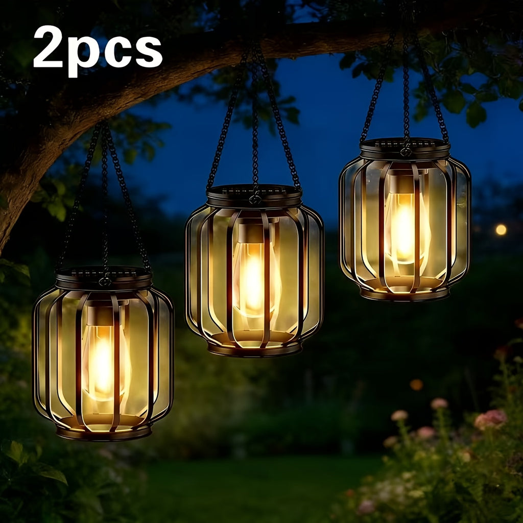 Two Solar Powered Outdoor Lantern Hanging Lights, IP65, Automatic Black Lantern Switch, Suitable for Porch, Garden, Wedding, Christmas, All Season Use, Built-In Solar Panel Retro Metal Outdoor Lighting Fixtures