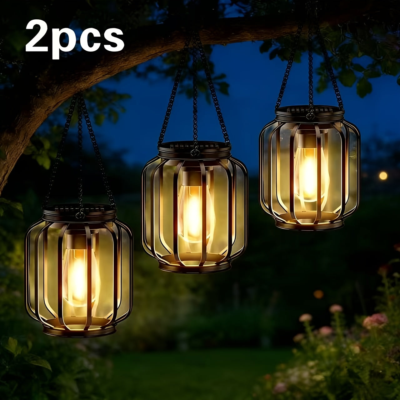 Two Solar Powered Outdoor Lantern Hanging Lights, IP65, Automatic Black Lantern Switch, Suitable for Porch, Garden, Wedding, Christmas, All Season Use, Built-In Solar Panel Retro Metal Outdoor Lighting Fixtures