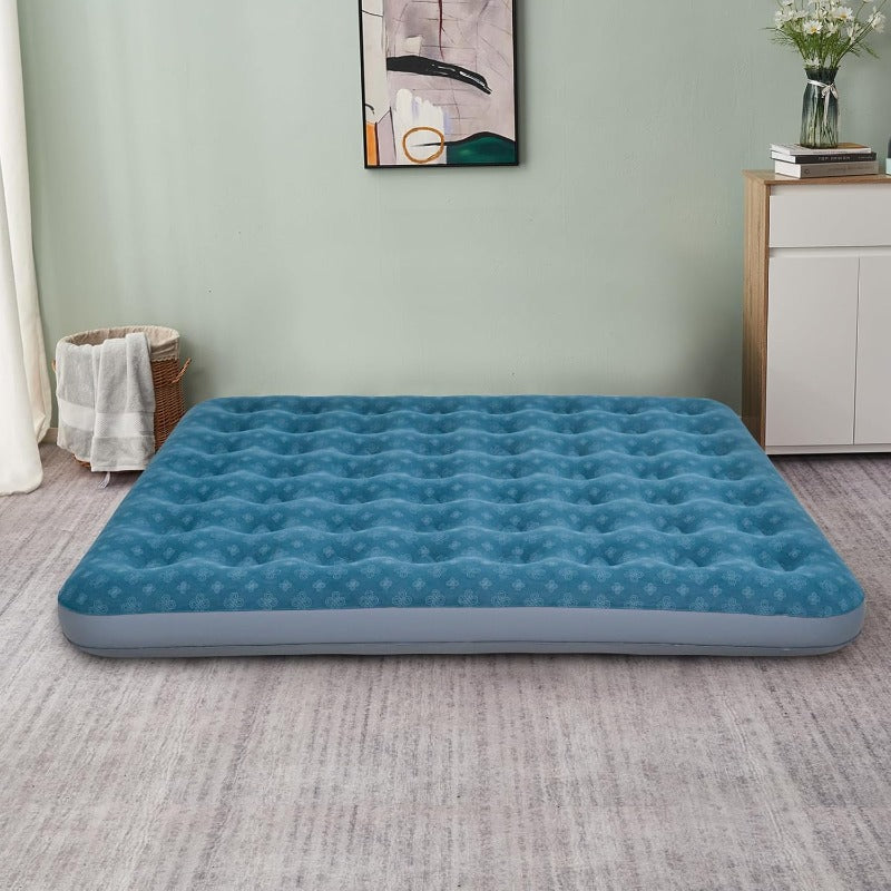 King Size Air Mattress Inflatable Bed with Flocking Surface - Heavy-Duty 250 lbs Capacity, Portable Sleeping Pad for Camping, Guest Bed, Home Use - Quick-Inflate Design, No Batteries\u002FElectricity, Durable & Comfortable, Blue & Patterned Flocking