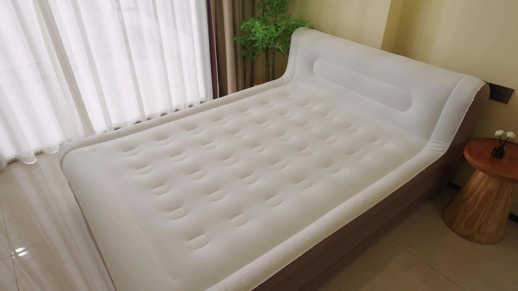 Deluxe Plush Queen Air Mattress With Headboard, Built-in Rechargeable Pump, 18 Inch Inflatable Mattress For Family Guest Travel Camping, Fabric And Dutch Velvet Blow Up Air Bed, 18'' Queen Khaki