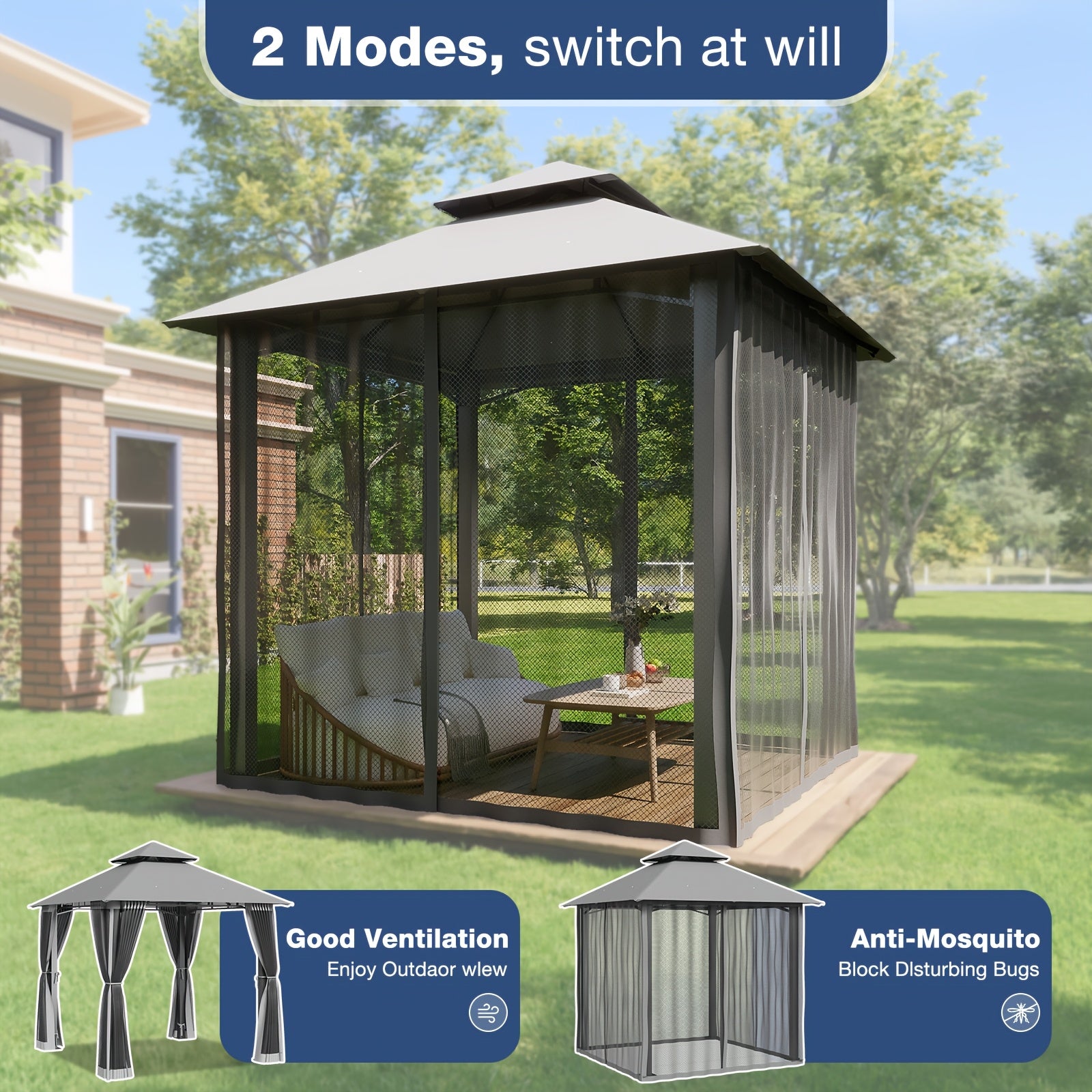 8x8\u002F10x10\u002F12x10ft Patio Gazebo Outdoor Gazebo with Double Roof Metal Frame Canopy Carpas Para Patio Heavy Duty Shelter with Mosquito Net Screen for Backyard Lawn Garden Deck(Grey\u002FBeige\u002FBlue)
