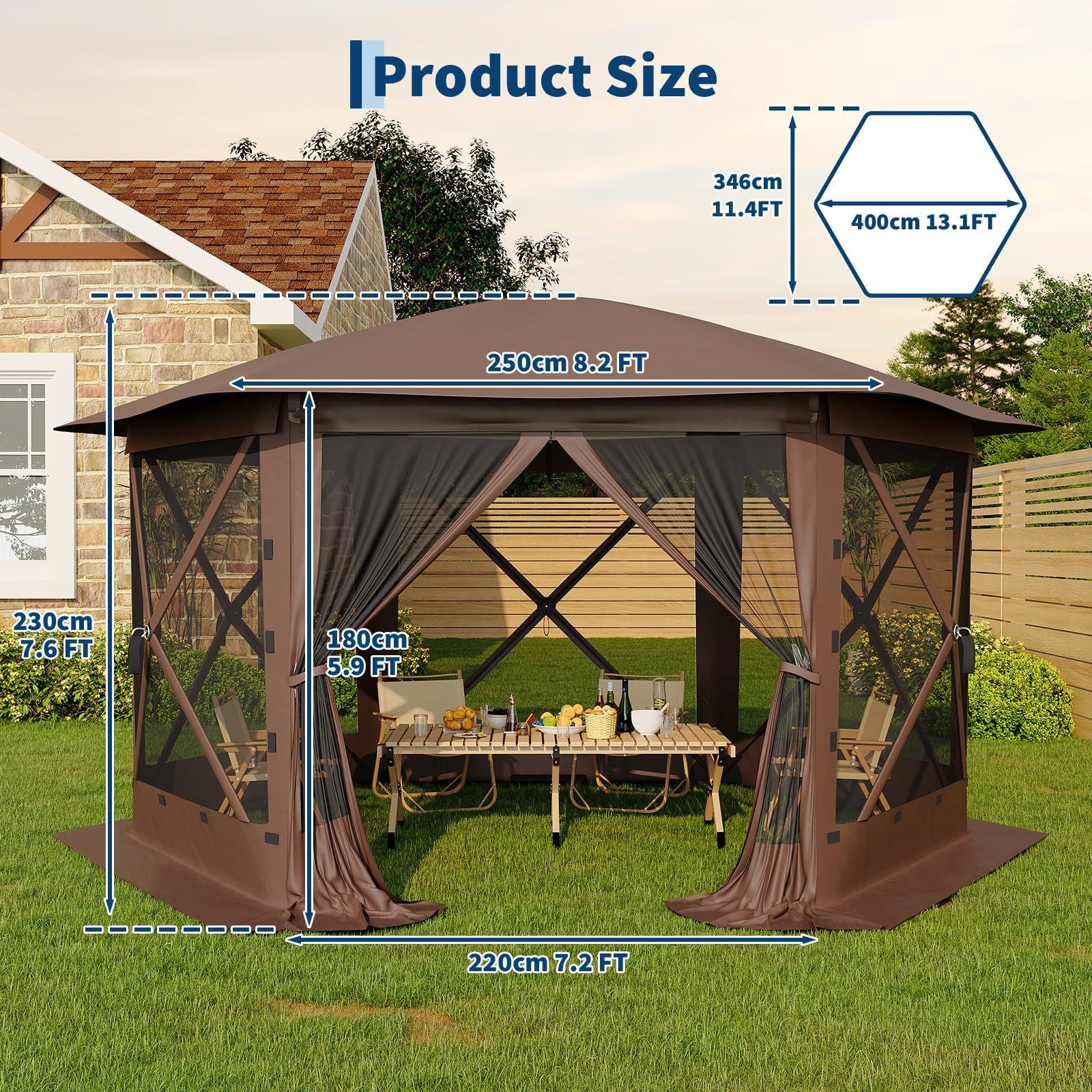 12ft Pop-Up Gazebo 6-Sided, Outdoor Canopy Tent with Mosquito Netting, Removable Canopy Top & Wind Cloths for Camping, Backyard Parties, Outdoor Events