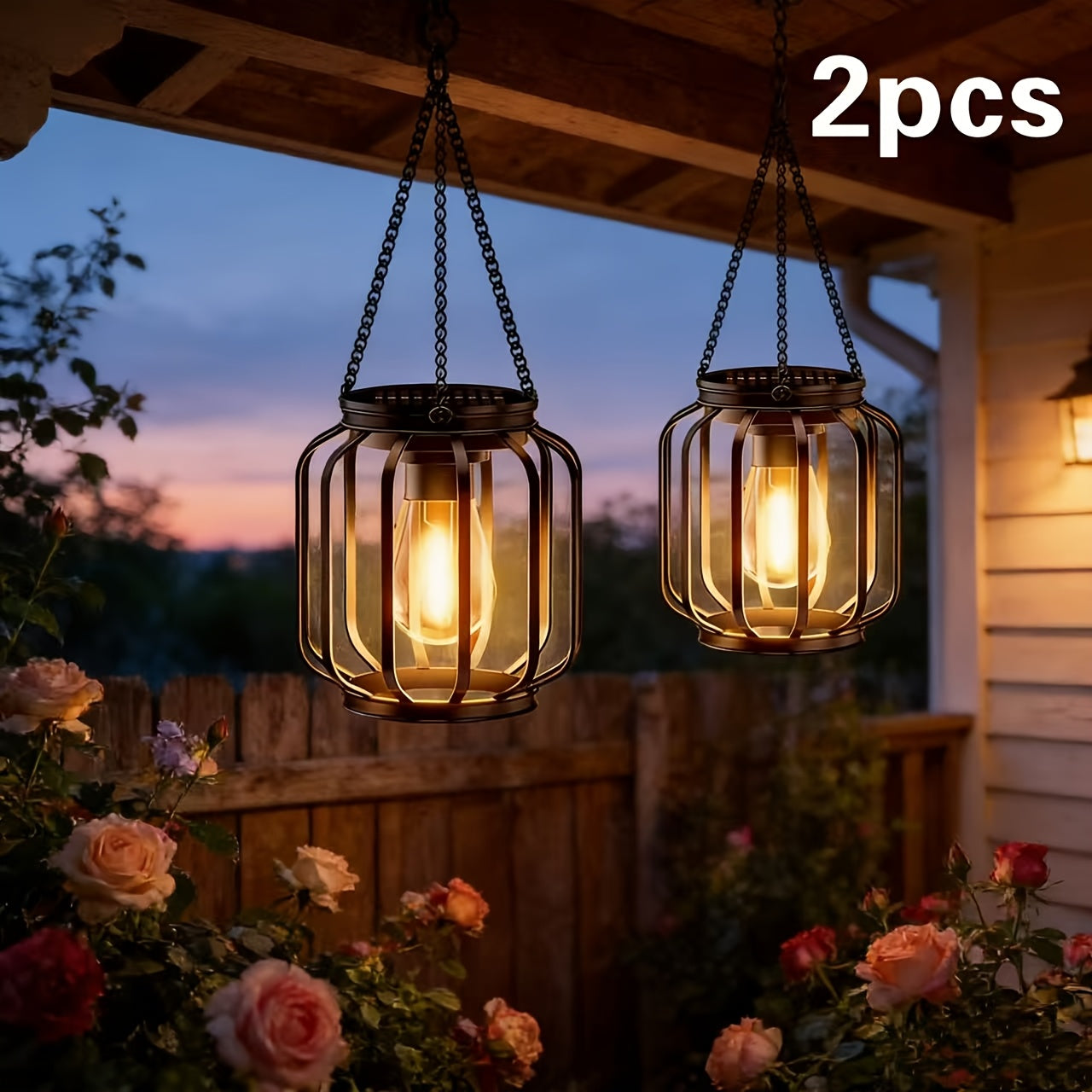 Two Solar Powered Outdoor Lantern Hanging Lights, IP65, Automatic Black Lantern Switch, Suitable for Porch, Garden, Wedding, Christmas, All Season Use, Built-In Solar Panel Retro Metal Outdoor Lighting Fixtures