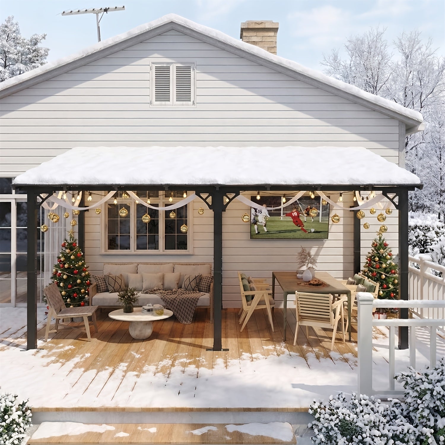 16' X 10' Gazebo - Hard Top Lean-To Wall Mounted Aluminum Alloy Awning with Canopy Roof, Outdoor All-Weather Cover for Patio, Backyard, Deck, Shade And Rain Protection