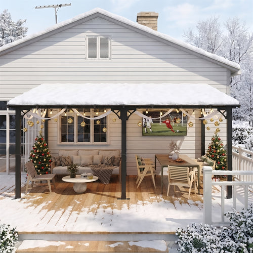 16' X 10' Gazebo - Hard Top Lean-To Wall Mounted Aluminum Alloy Awning with Canopy Roof, Outdoor All-Weather Cover for Patio, Backyard, Deck, Shade And Rain Protection