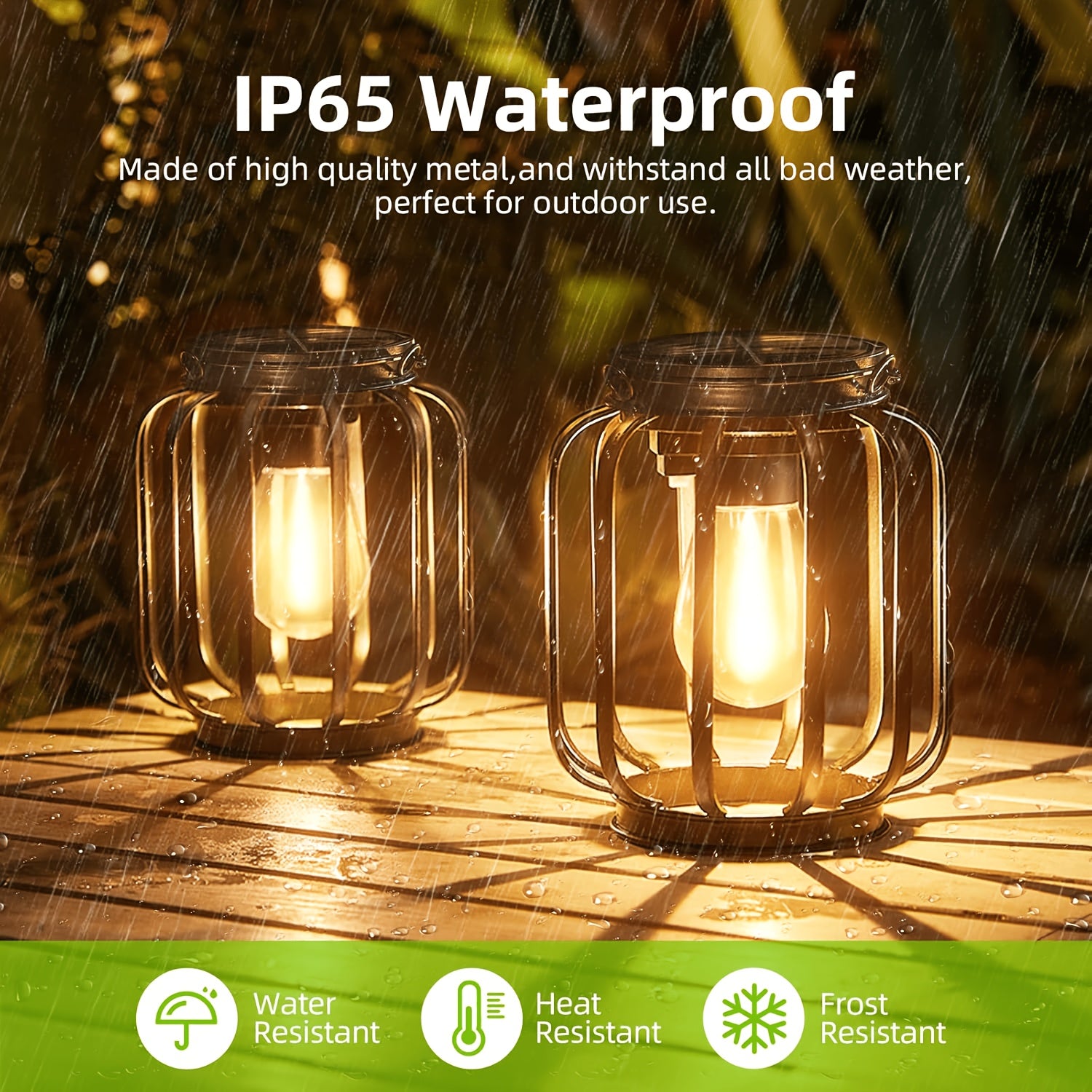 Two Solar Powered Outdoor Lantern Hanging Lights, IP65, Automatic Black Lantern Switch, Suitable for Porch, Garden, Wedding, Christmas, All Season Use, Built-In Solar Panel Retro Metal Outdoor Lighting Fixtures