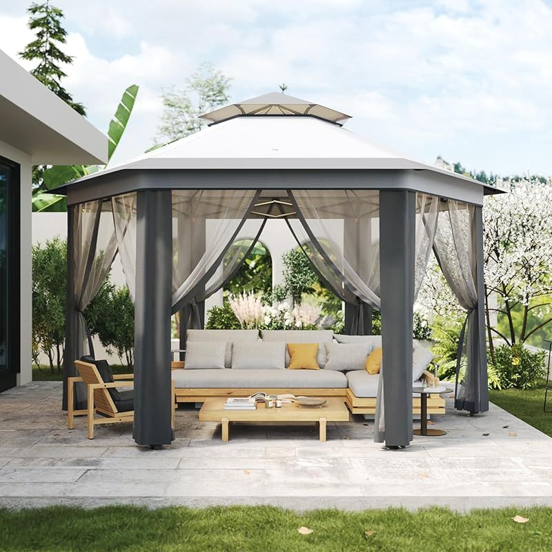 Spacious 13X13 FT Hexagonal Pop-Up Gazebo, Sturdy Steel Structure with Mesh Netting for Outdoor Patios, Backyards, And Decks