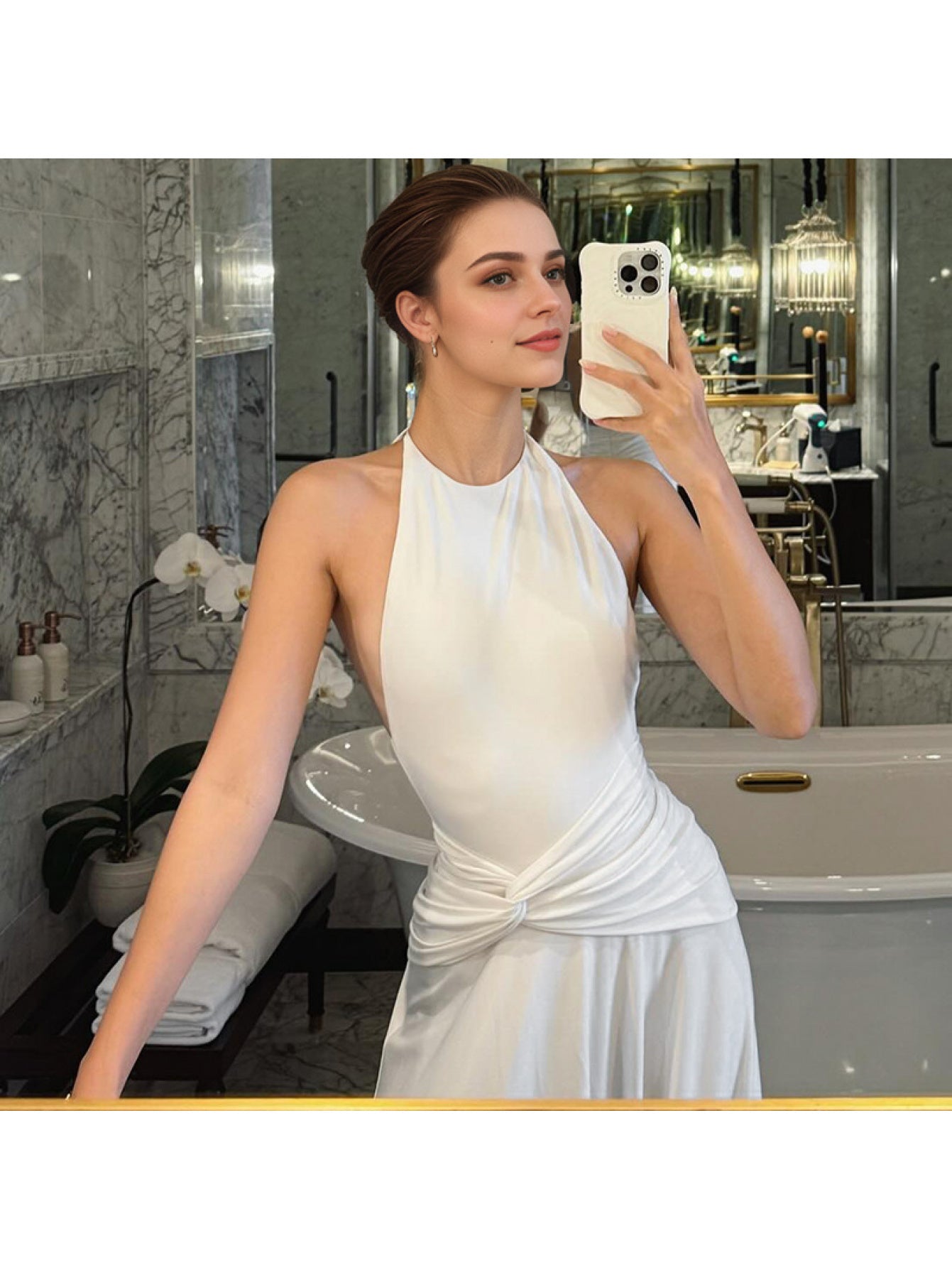 Elegant Women'S Halter Neck Backless Ruched Waist Dress - Sleeveless, Long Flowing Skirt, Solid Color, Perfect for Spring\u002FSummer\u002FFall, Formal Event Attire, Formal Event Dress | Sleeveless Fashion | Ruched Waist Design, Cute Dresses