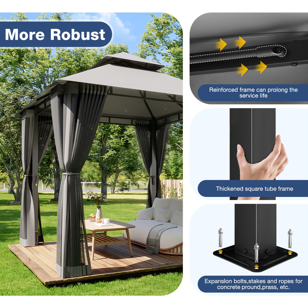 8x8\u002F10x10\u002F12x10ft Patio Gazebo Outdoor Gazebo with Double Roof Metal Frame Canopy Carpas Para Patio Heavy Duty Shelter with Mosquito Net Screen for Backyard Lawn Garden Deck(Grey\u002FBeige\u002FBlue)