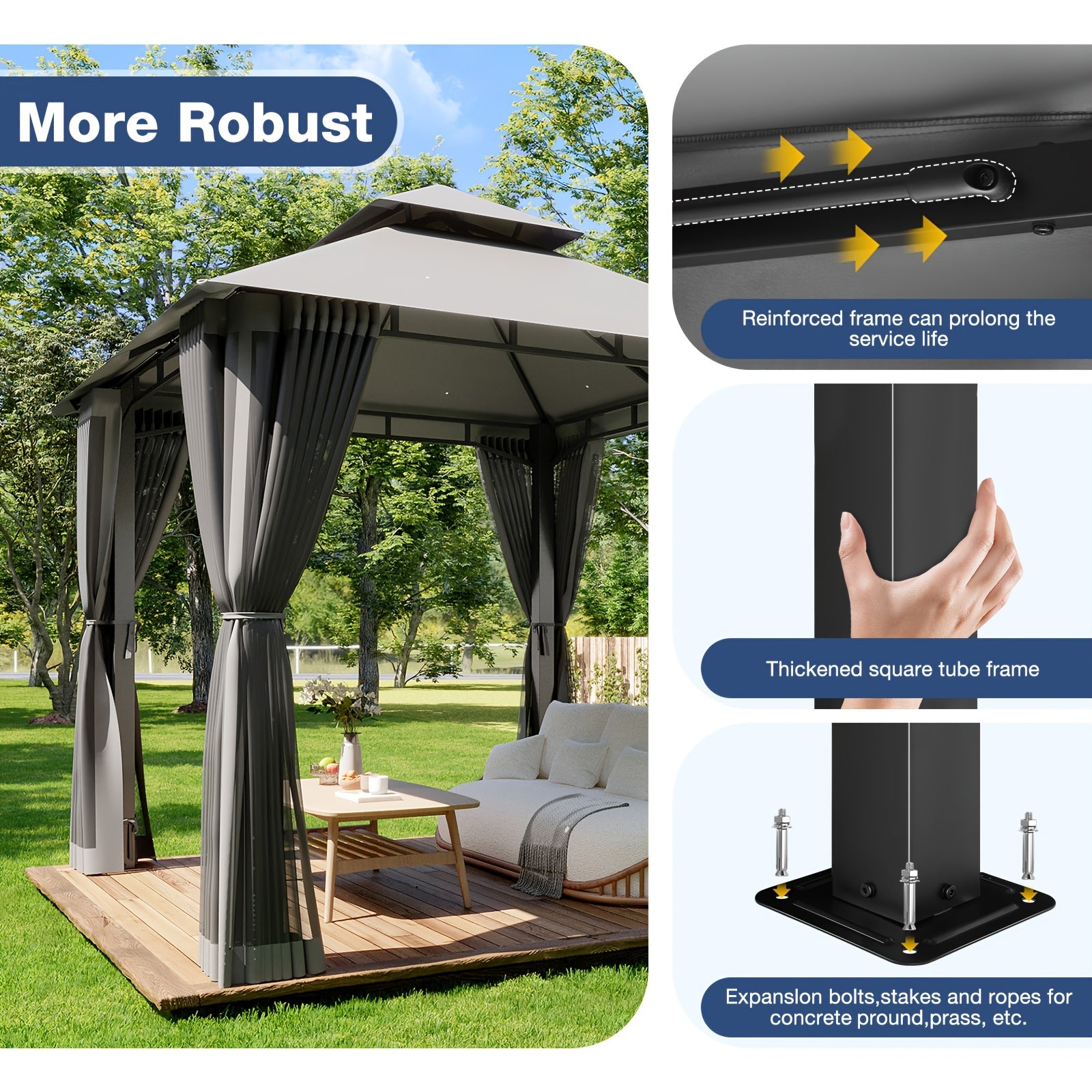 8x8\u002F10x10\u002F12x10ft Patio Gazebo Outdoor Gazebo with Double Roof Metal Frame Canopy Carpas Para Patio Heavy Duty Shelter with Mosquito Net Screen for Backyard Lawn Garden Deck(Grey\u002FBeige\u002FBlue)