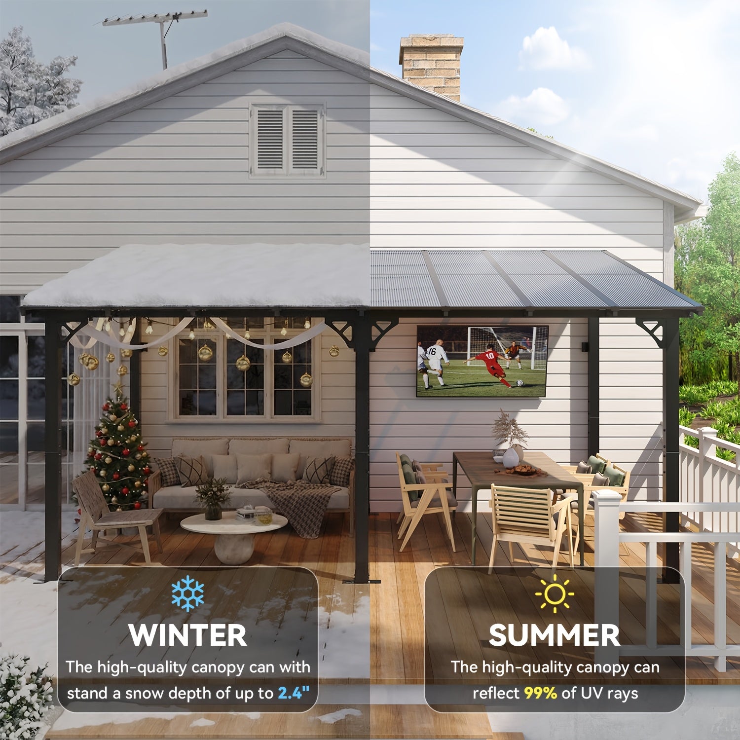 16' X 10' Gazebo - Hard Top Lean-To Wall Mounted Aluminum Alloy Awning with Canopy Roof, Outdoor All-Weather Cover for Patio, Backyard, Deck, Shade And Rain Protection