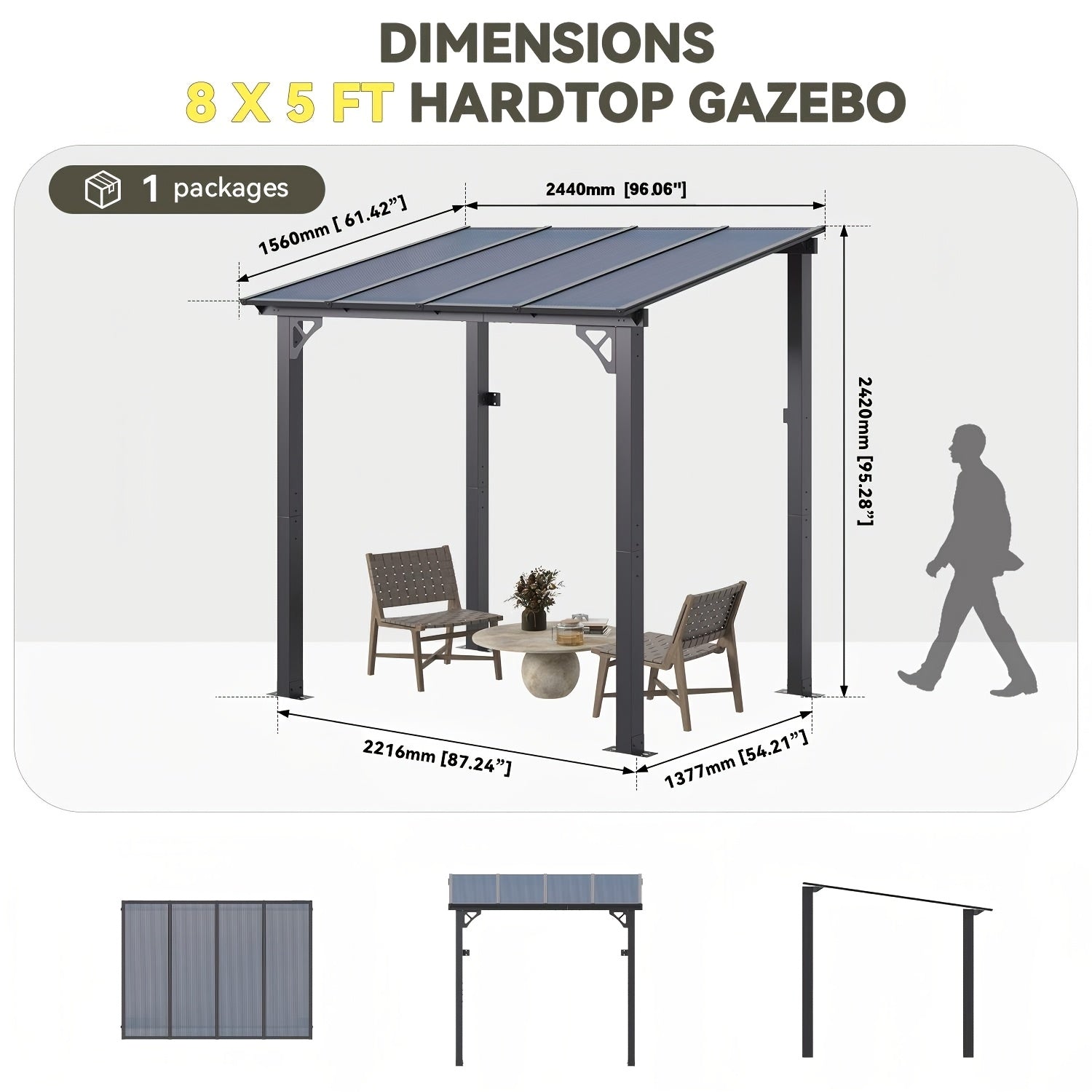 16' X 10' Gazebo - Hard Top Lean-To Wall Mounted Aluminum Alloy Awning with Canopy Roof, Outdoor All-Weather Cover for Patio, Backyard, Deck, Shade And Rain Protection